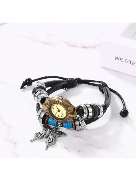 Women Black Blue Analog Butterfly Bracelet Weave Wrap Around Leather Wrist Watch